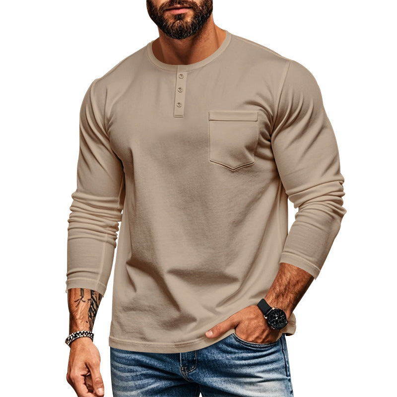 Men's long-sleeved Henley shirt with textured cotton surface and chest pocket Skorter