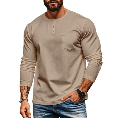 Men's long-sleeved Henley shirt with textured cotton surface and chest pocket Skorter
