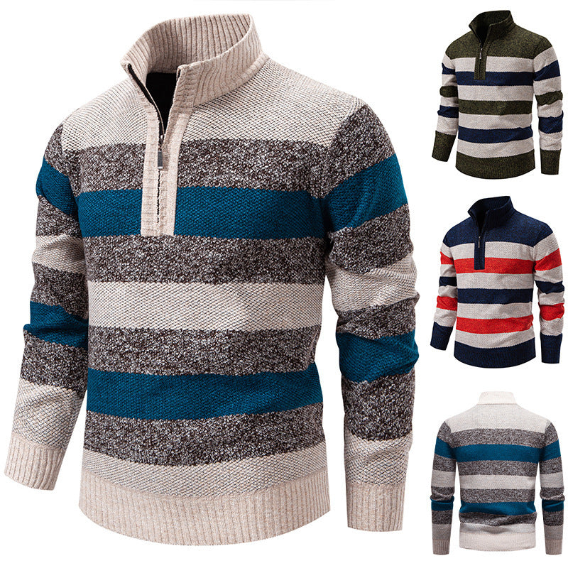 Men's stylish knit sweater with half zipper and striped pattern Skorter