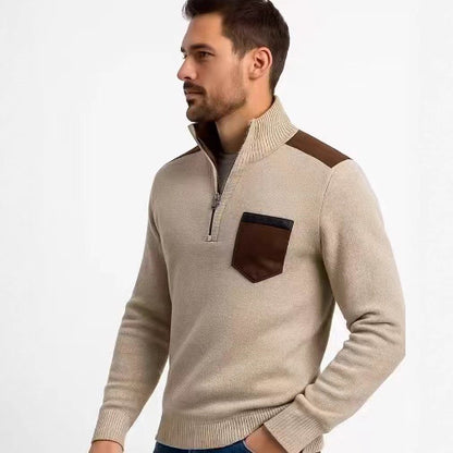 Men's Stand Collar Sweater with Contrasting Details and Practical Pockets Skorter