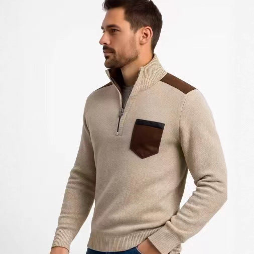 Men's Stand Collar Sweater with Contrasting Details and Practical Pockets Skorter
