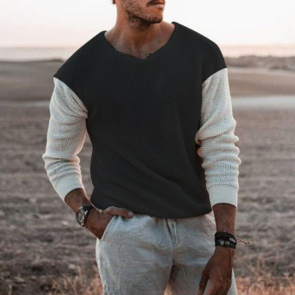 Men's stylish knit sweater with V-neck and textured surface Skorter