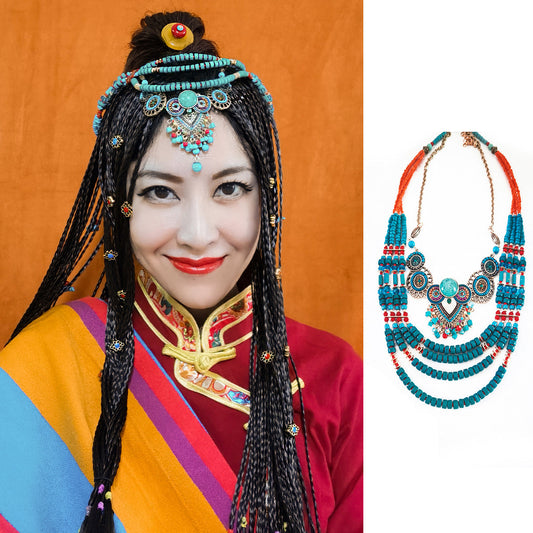 Skorter | Ethical Tibetan hair accessory tiara headwear bohemian blue-green multilayer pearl pendant headwear
