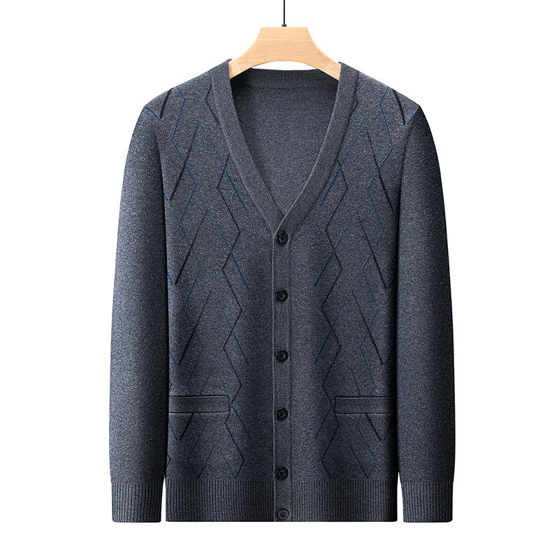 Men's Cardigan with Deep V-Neck and Elegant Diamond Pattern Skorter