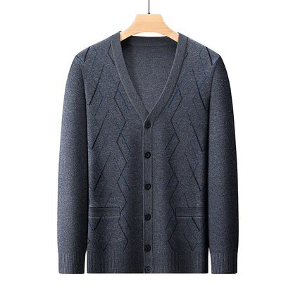 Men's Cardigan with Deep V-Neck and Elegant Diamond Pattern Skorter