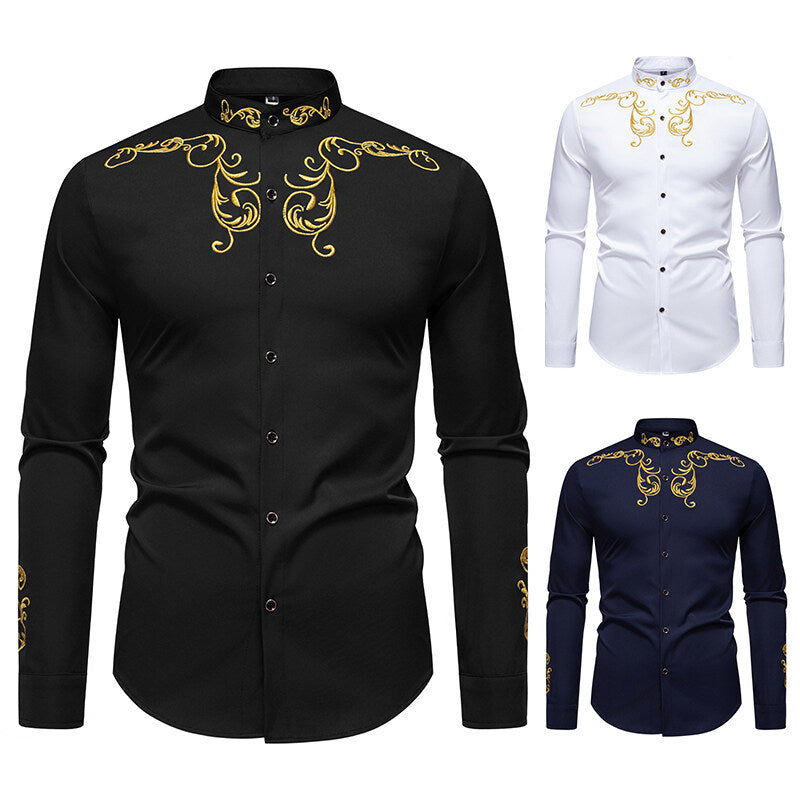 Men's Long Sleeve Shirt with Elegant Embroidery Design Skorter
