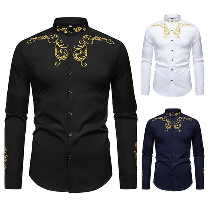 Men's Long Sleeve Shirt with Elegant Embroidery Design Skorter