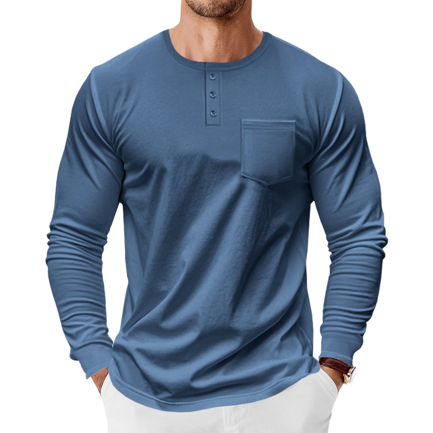 Men's long-sleeve shirt with fashionable Henley neckline and practical breast pocket Skorter