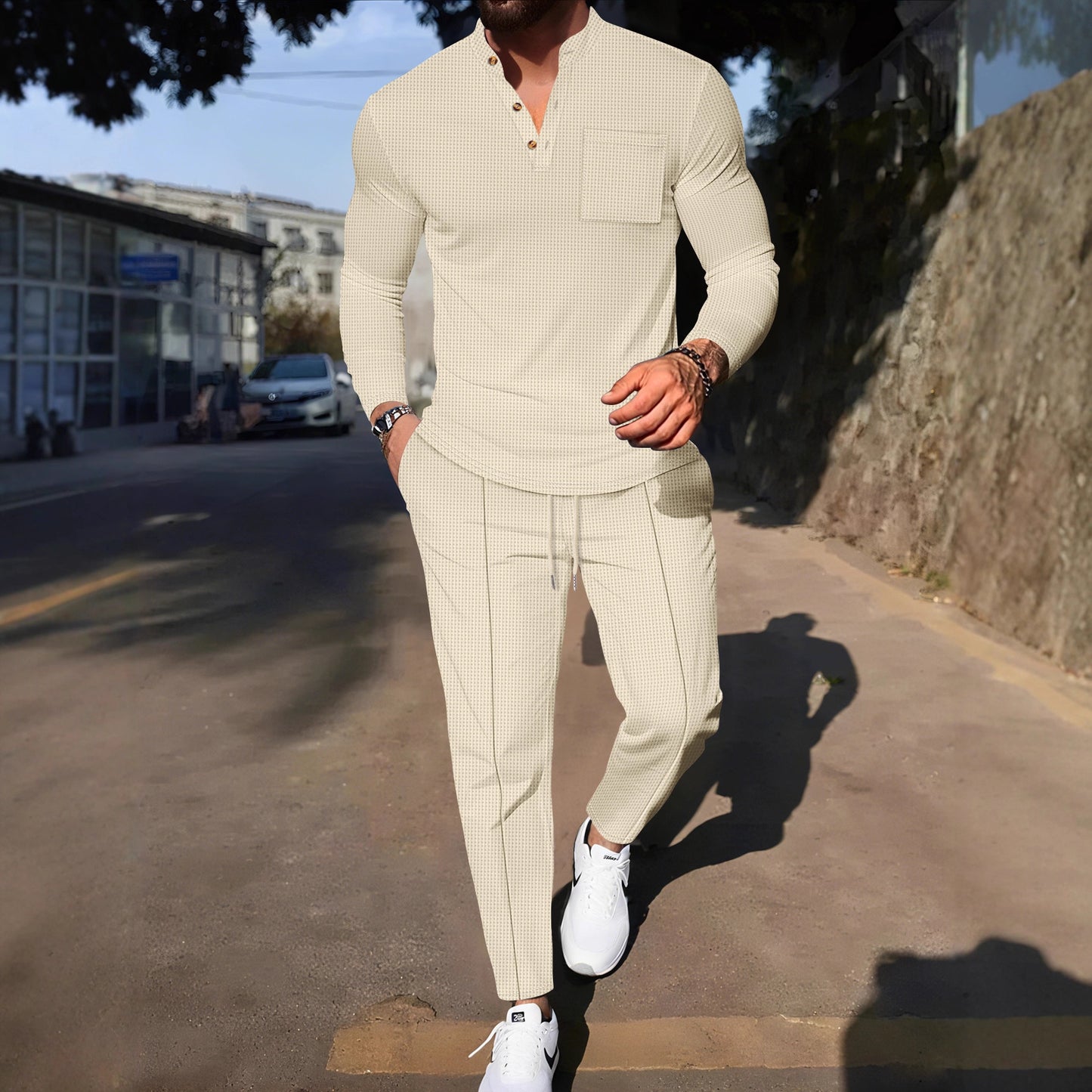 Men's stylish leisure suit set with textured top and comfortable joggers Skorter