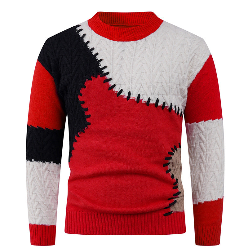 Men's Stylish Knit Sweater with Creative Patchwork Design Skorter