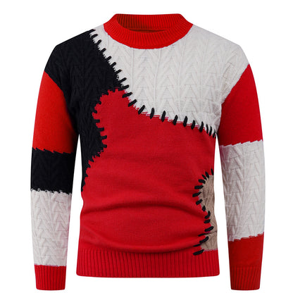Men's Stylish Knit Sweater with Creative Patchwork Design Skorter