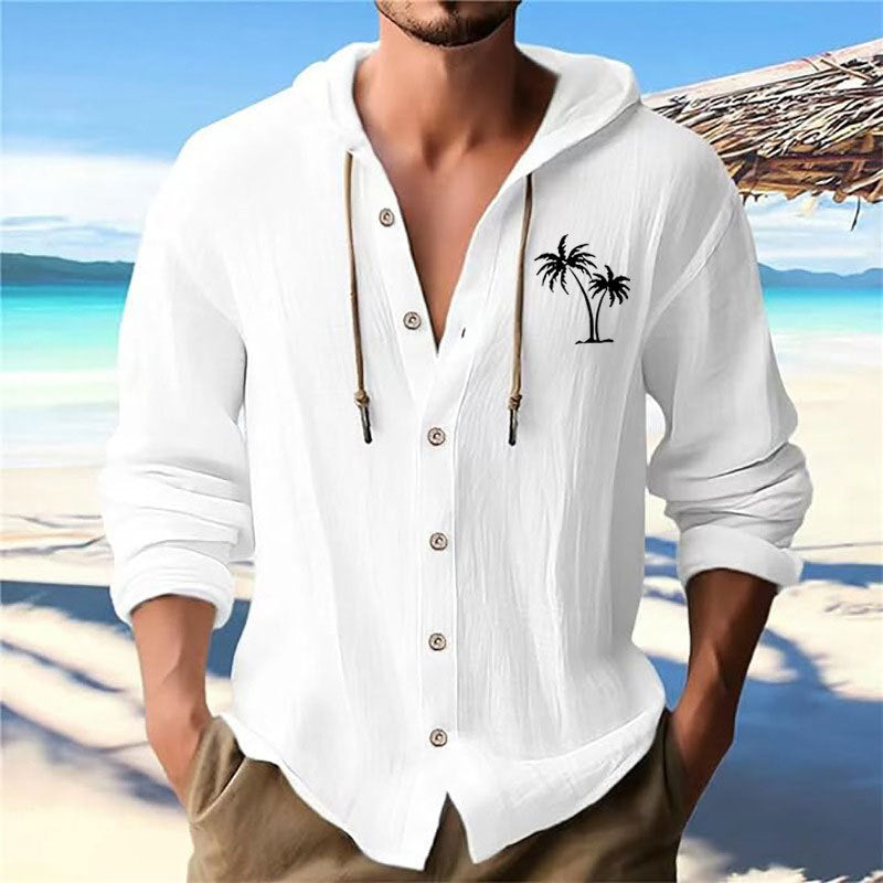 Men's casual hoodie shirt with decorative palm print and button placket Skorter