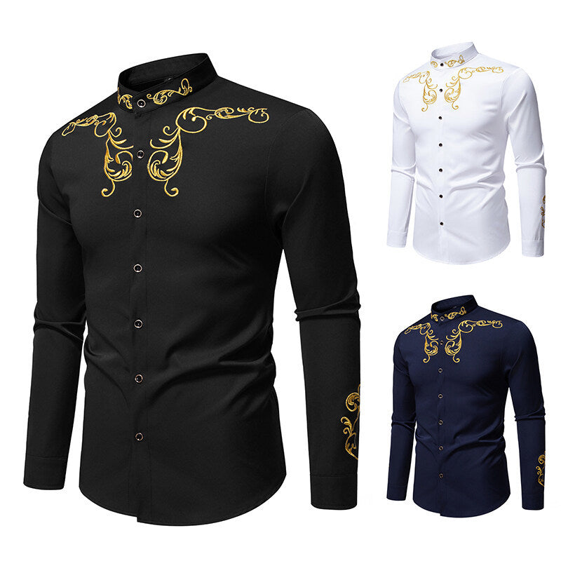 Men's Long Sleeve Shirt with Elegant Embroidery Design Skorter