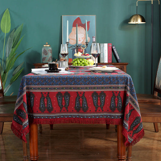 Skorter | Bohemian cotton and linen printed table textiles large pepper home coffee napkin red fringe rectangular tablecloth