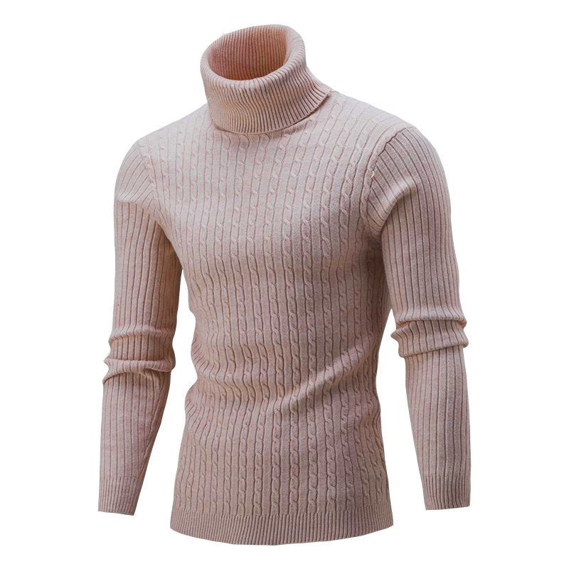 Men's Elegant Knit Sweater with Stand-Up Collar and Fine Cable Knit Pattern Skorter