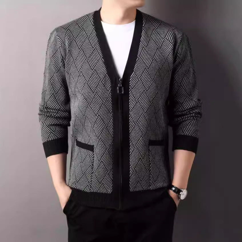 Men's cardigan with modern diamond pattern and high collar Skorter