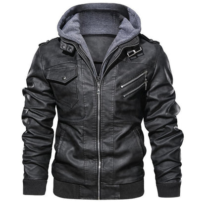 Men's Biker Jacket with Removable Hood and Functional Pockets Skorter
