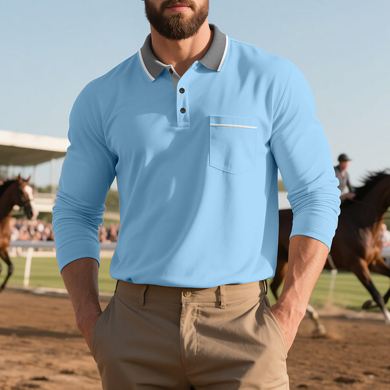 Men's stylish long sleeve polo shirt with textured surface and practical chest pocket Skorter