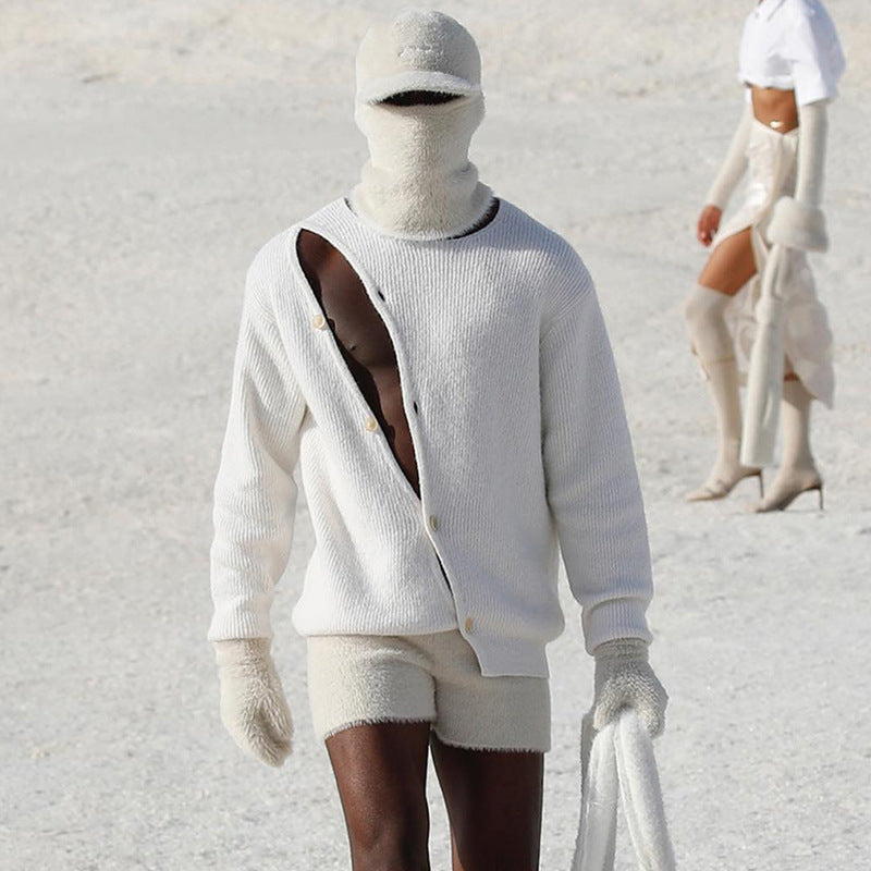 Men's stylish knitted sweater with asymmetrical cut and snap buttons Skorter