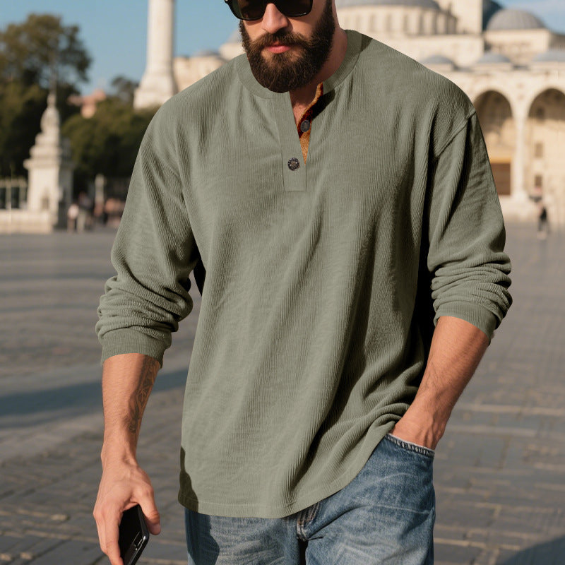 Men's long-sleeve shirt with textured ribbed look and fashionable button placket detail Skorter