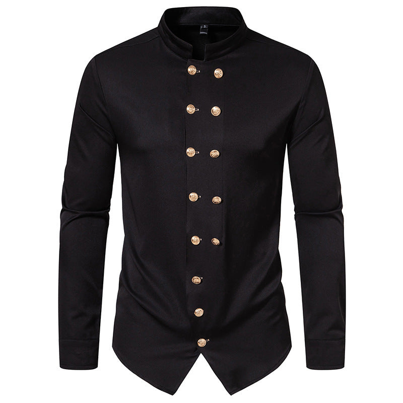 Men's Long Sleeve Shirt with Traditional Stand Collar and Decorative Buttons Skorter