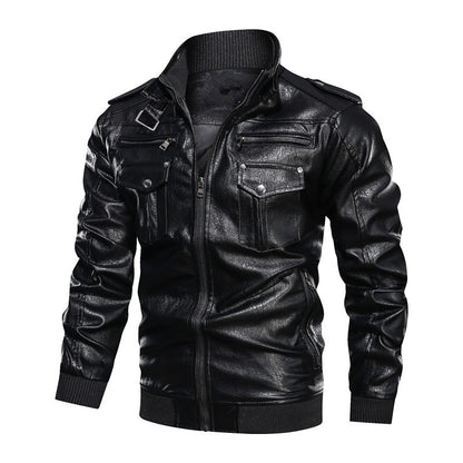 Men's Biker Jacket Made Of Artificial Leather with Numerous Pockets and Stand-Up Collar Skorter
