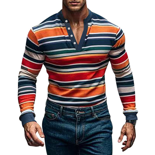 Men's Long Sleeve Shirt with Textured Striped Pattern and Sporty Collar Skorter