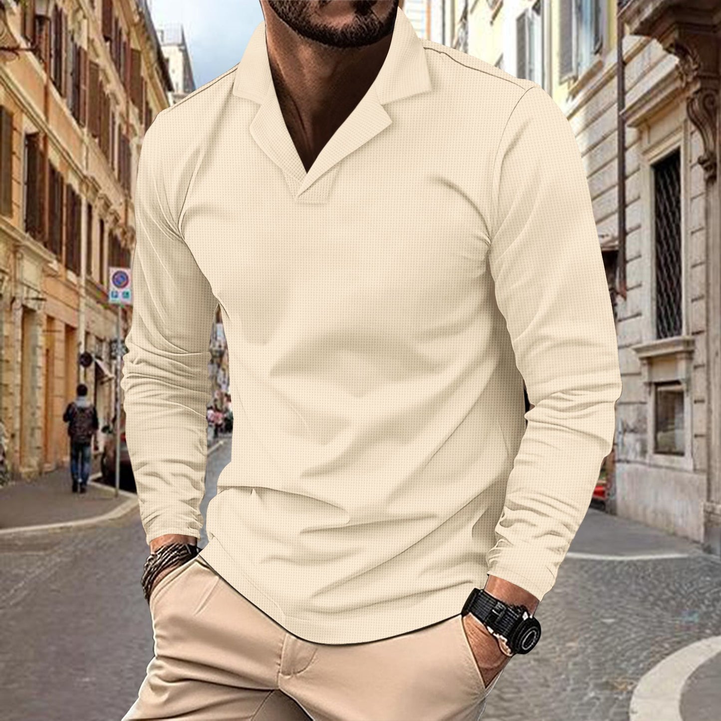 Men's casual long-sleeve shirt with structured design and modern stand-up collar Skorter