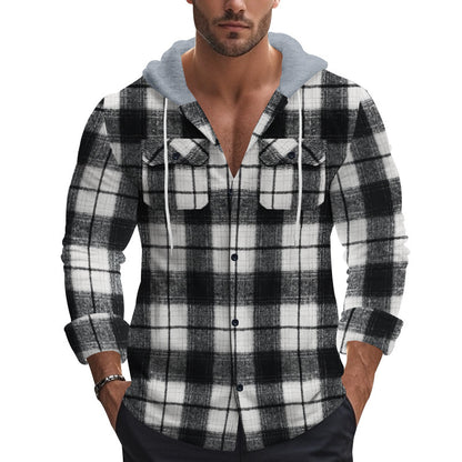 Men's Long Sleeve Shirt with Hoodie and Check Pattern Skorter