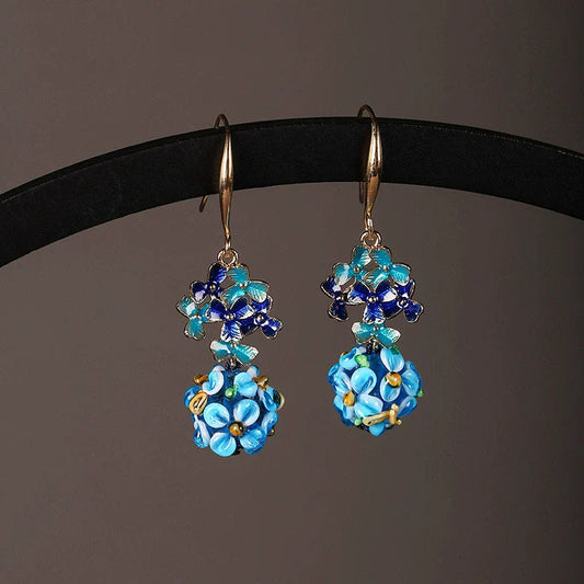 Skorter | Cloisonne Earrings, Antique Blue Flower Earrings, with Cheongsam Sterling Silver Earrings