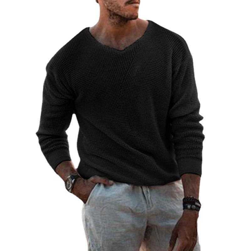 Men's stylish knit sweater with V-neck and textured surface Skorter