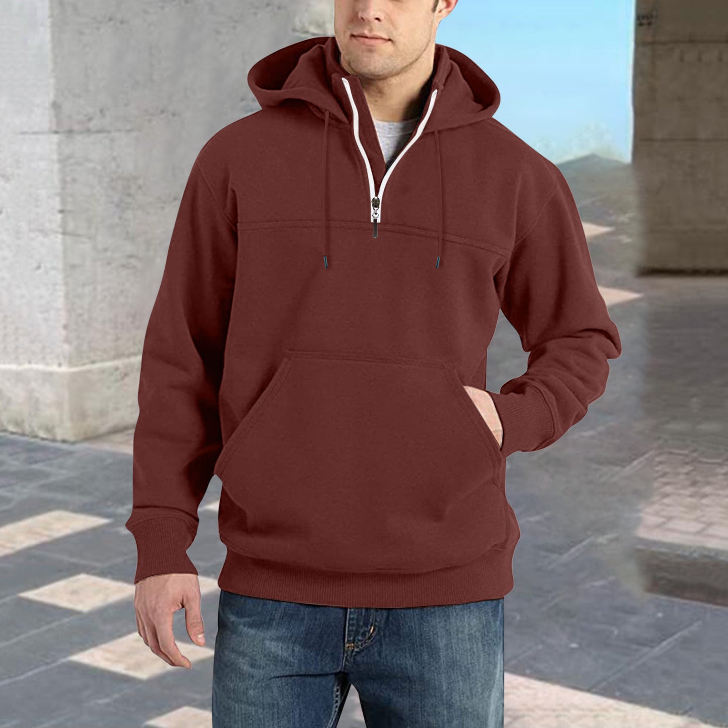 Men's stylish hoodie with half zipper and practical kangaroo pockets Skorter