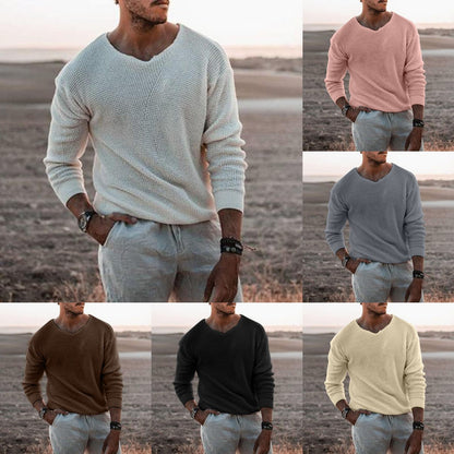 Men's stylish knit sweater with V-neck and textured surface Skorter
