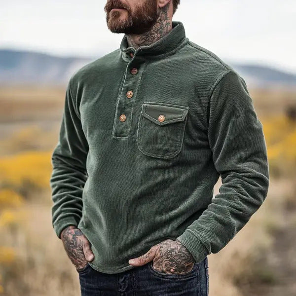 Men's Warm-keeping Cord Sweater with Button Placket and Chest Pocket Skorter