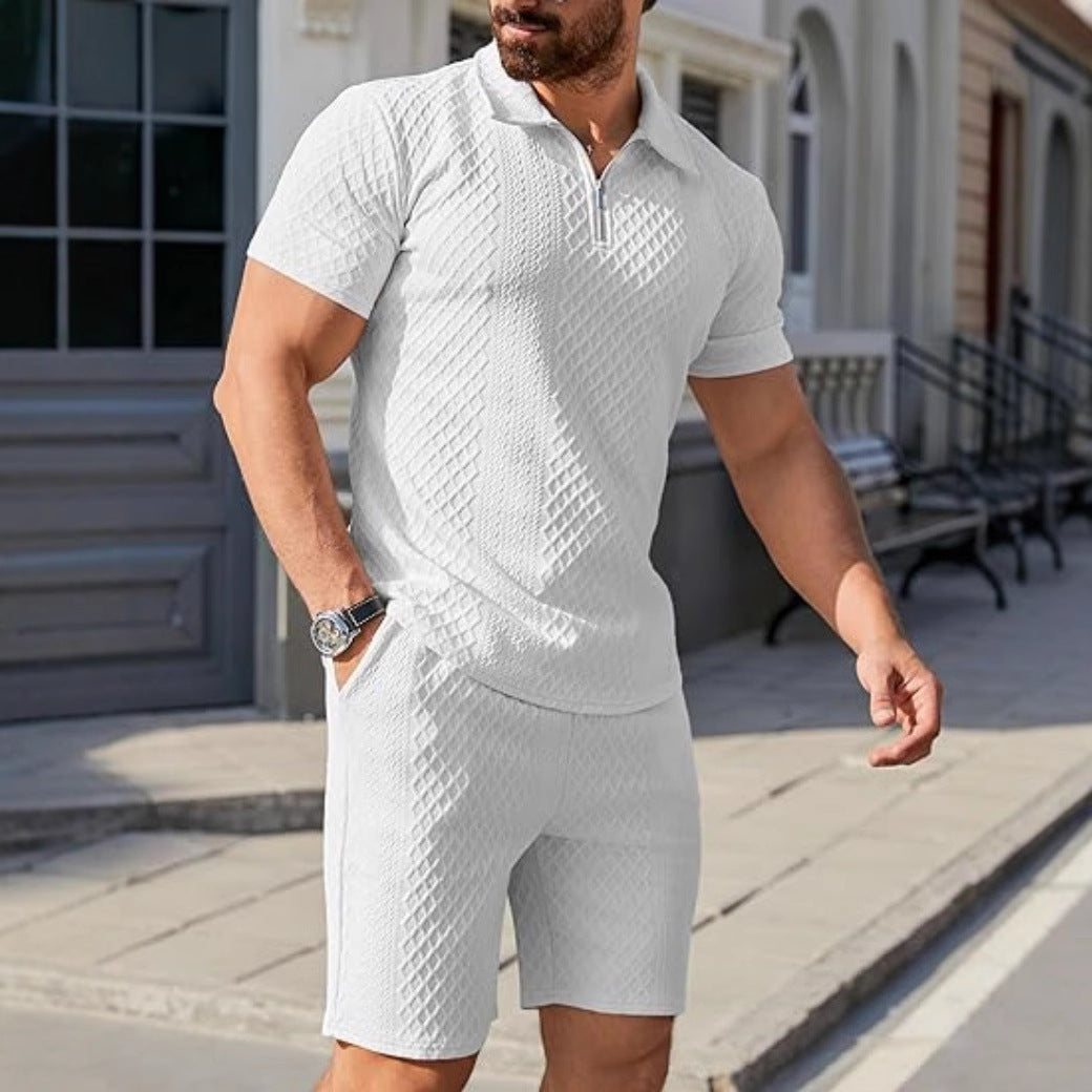 Men's sporty short sleeve set with zipper and knit pattern Skorter