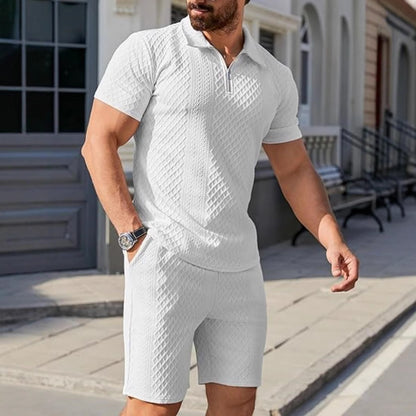 Men's sporty short sleeve set with zipper and knit pattern Skorter