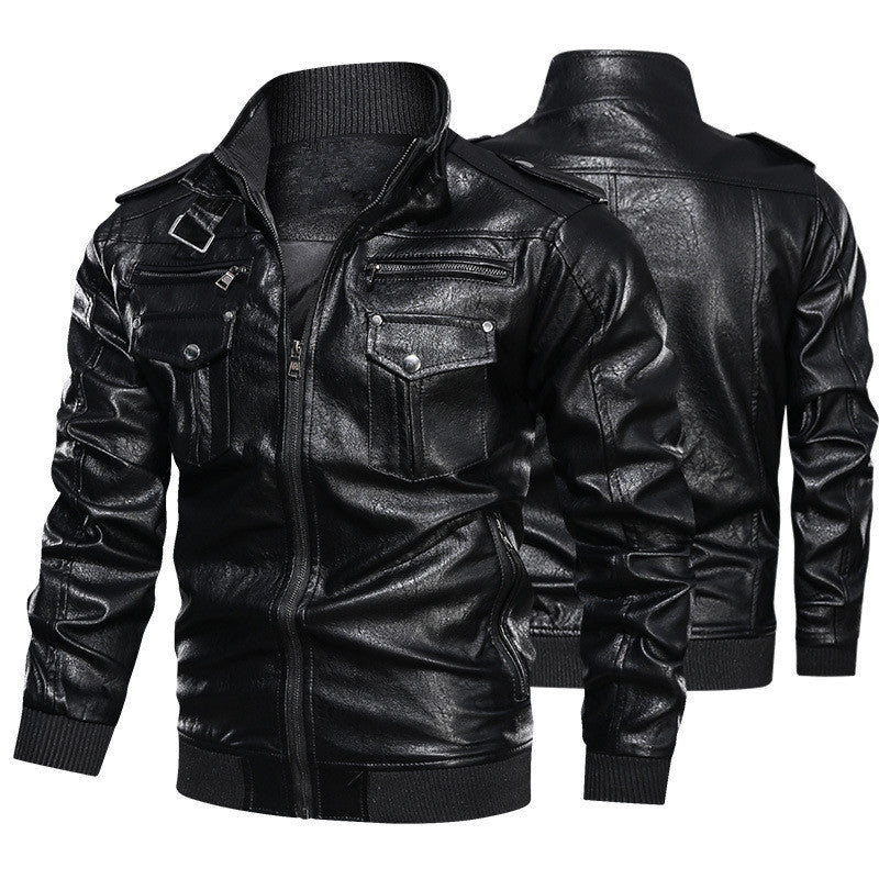 Men's Biker Jacket Made Of Artificial Leather with Numerous Pockets and Stand-Up Collar Skorter