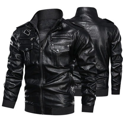 Men's Biker Jacket Made Of Artificial Leather with Numerous Pockets and Stand-Up Collar Skorter