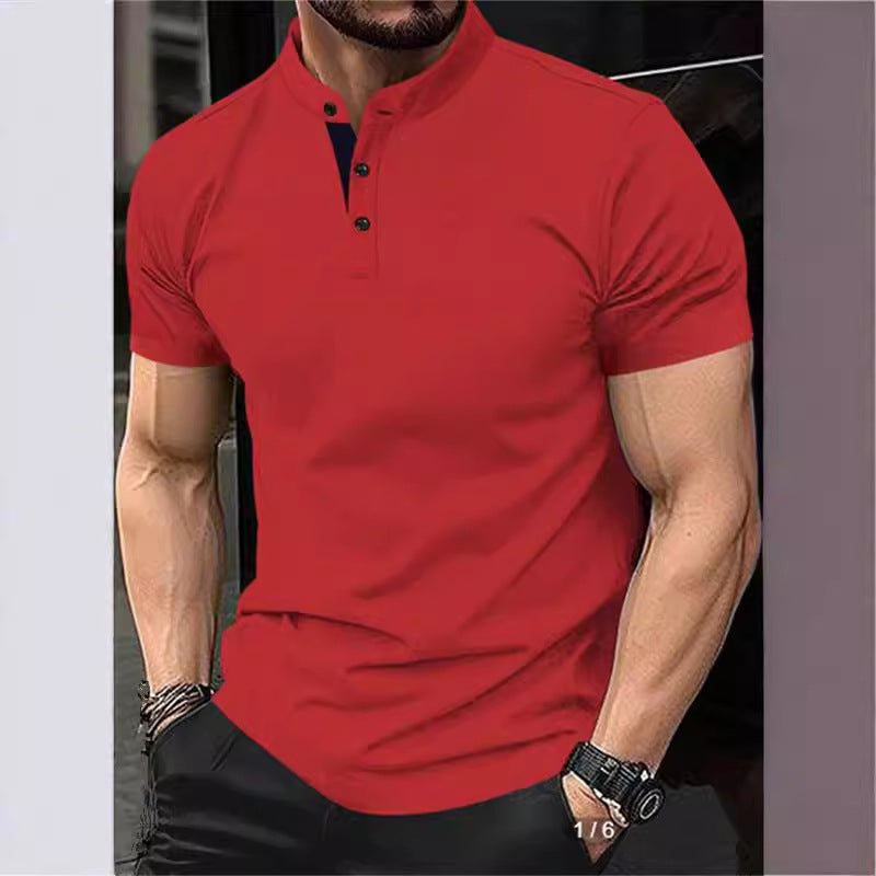 Men's stylish short-sleeve shirt with modern stand-up collar and decorative buttons Skorter