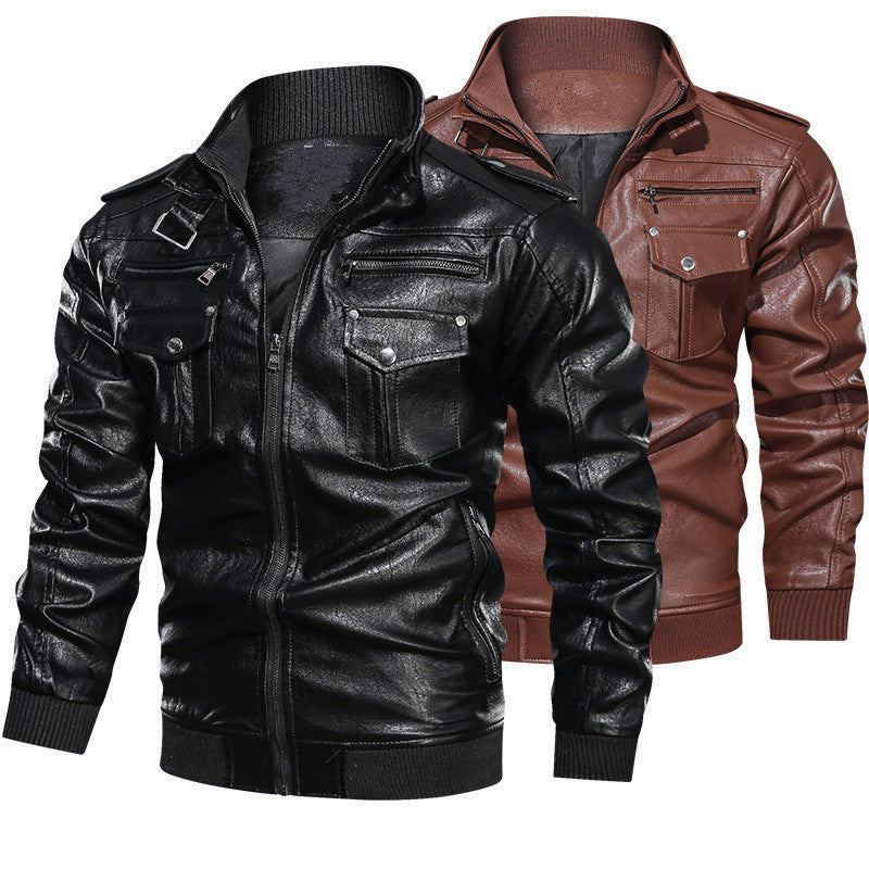 Men's Biker Jacket Made Of Artificial Leather with Numerous Pockets and Stand-Up Collar Skorter
