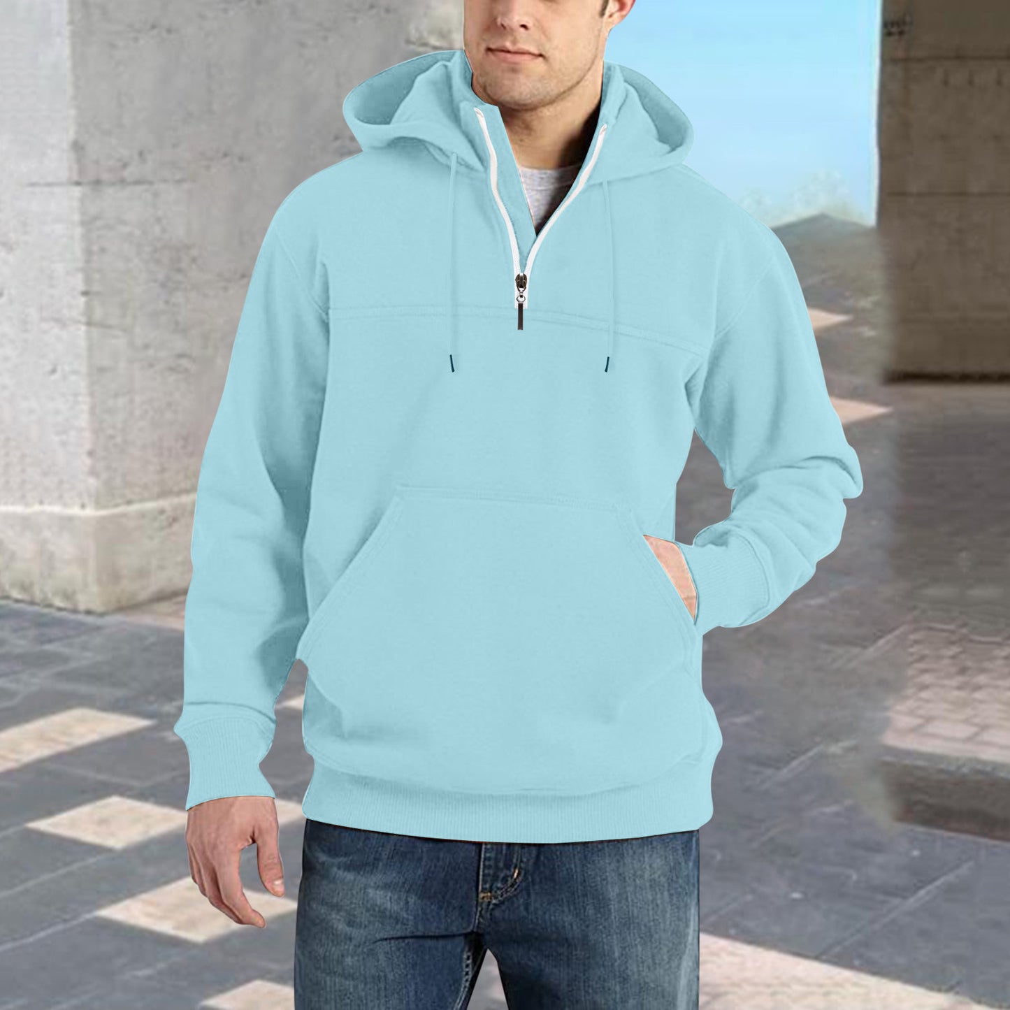 Men's stylish hoodie with half zipper and practical kangaroo pockets Skorter