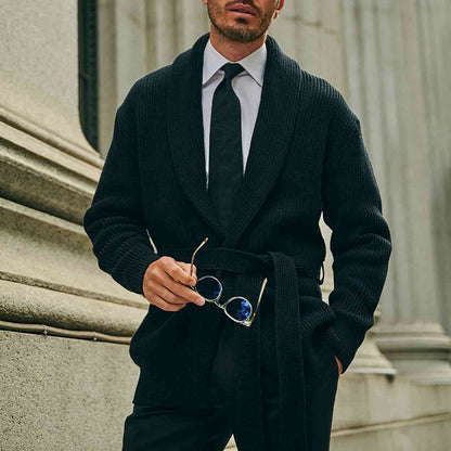 Men's stylish knit cardigan with belt and deep collar Skorter