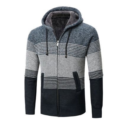 Herrkofta med huva och moderna blockränder Skorter