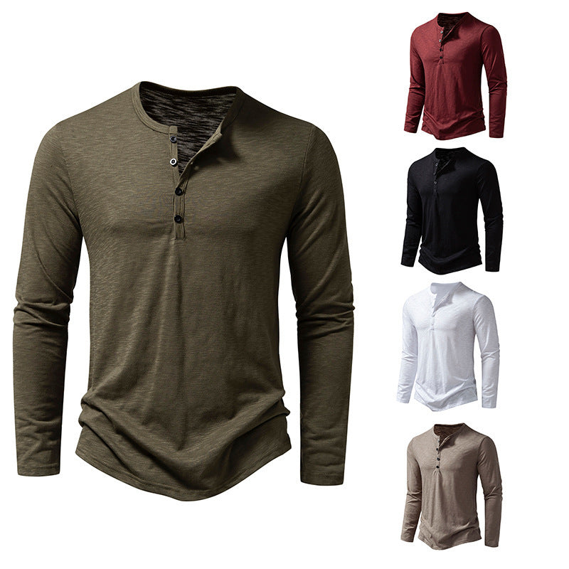 Men's Long Sleeve T-Shirt with Button Placket and Fashionable Stand-up Collar Skorter