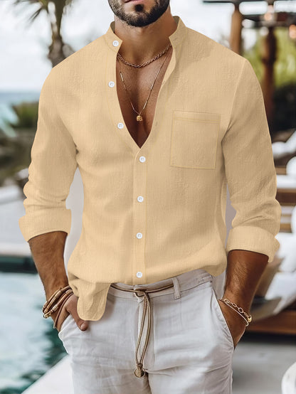 Men's summer long-sleeve shirt with a modern stand-up collar and practical breast pocket Skorter