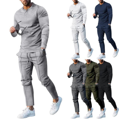 Men's sporty top and pants set with modern Henley neckline Skorter