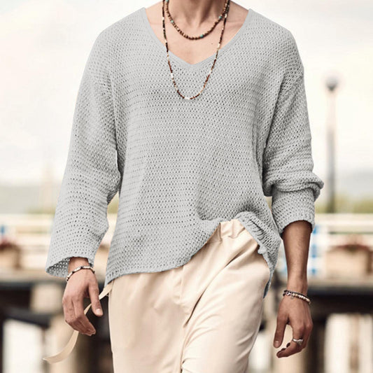 Men's Waffle Structure V-Neck Long Sleeve Shirt Skorter