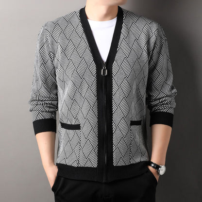 Men's cardigan with modern diamond pattern and high collar Skorter