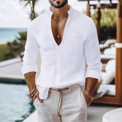 Men's summer long-sleeve shirt with a modern stand-up collar and practical breast pocket Skorter