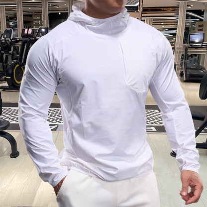 Andningsbar herrträningstopp med huva och dragkedja i fickan Skorter